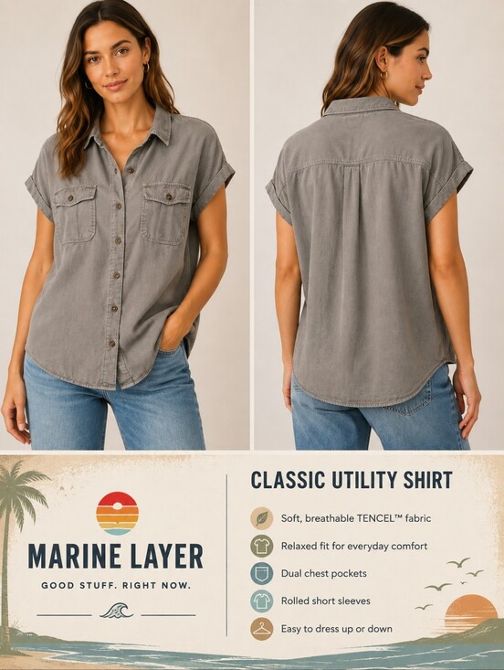 Marine Layer Tops - Marine Layer Gray Utility Button Front Shirt Short Sleeve Dual Pocket Size XS